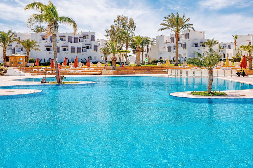 Mercure Hurghada Hotel'in palmiyeli havuzu ve otel blokları